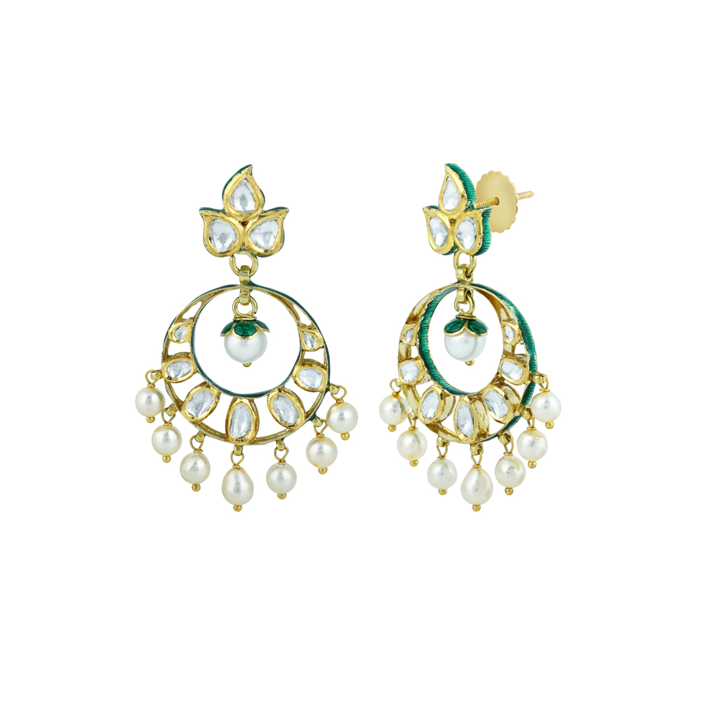 Polki Chandbali Earrings with Petal Studs and Pearl Drops
